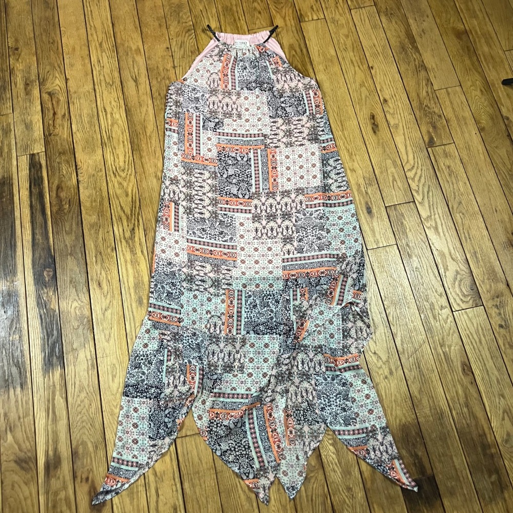 Soho Apparel Ltd Womens Patchwork Halter Maxi Dress Sharkbite Hem Pink Teal‎ S